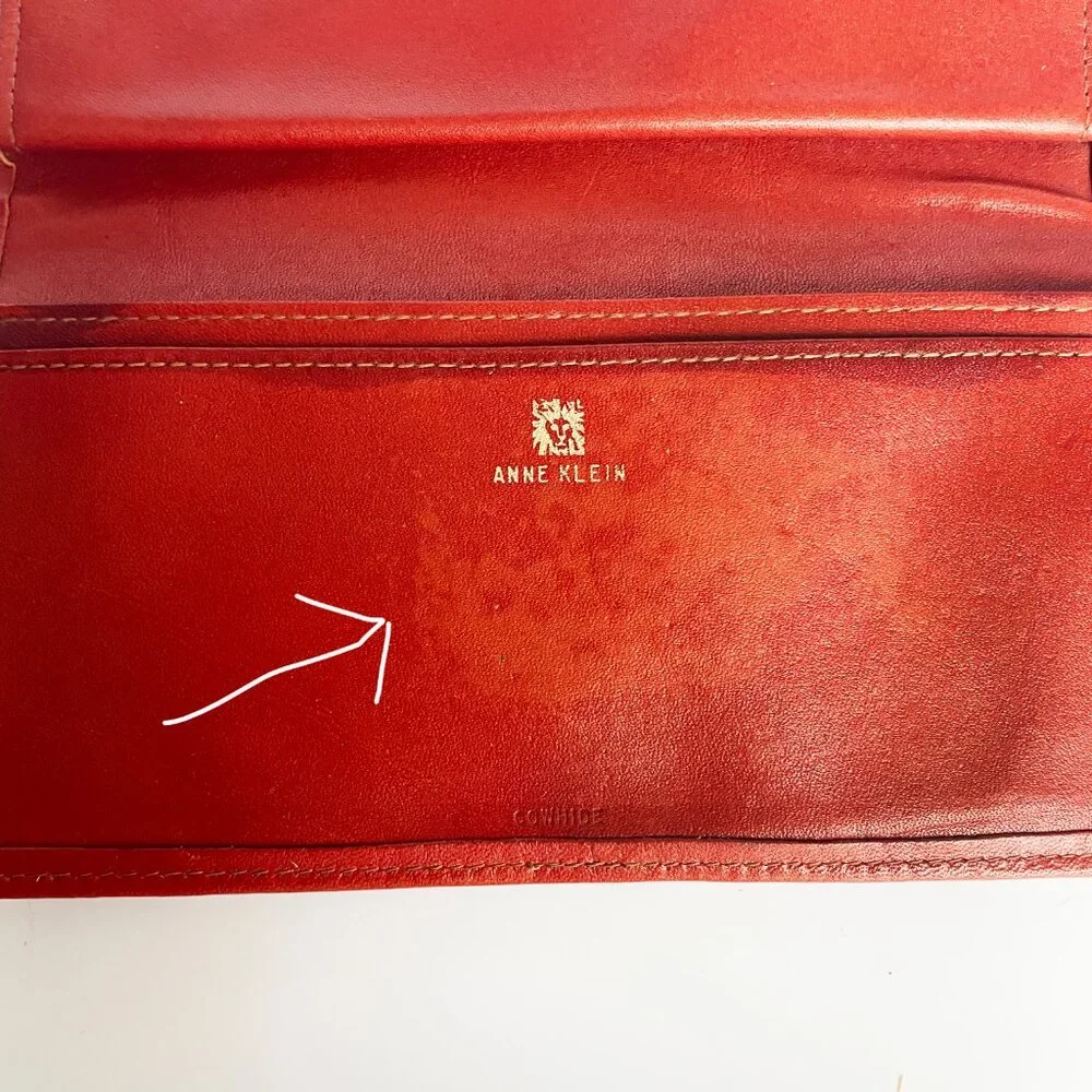 Vintage Anne Klein Wallet Checkbook Holder Bifold Rust Leather Kiss Lock